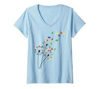 Women's Dandelion Autism Awareness Flower Autism Awareness Tree V-Neck T-Shirt