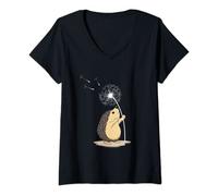 Womens Dandelion Flower Print Lucky Charm Hedgehog V-Neck T-Shirt