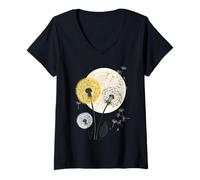Womens Dandelion Moon Phases Nature Botanical Floral Art V-Neck T-Shirt