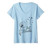 Women's Dandelion Seeds Flying Butterflies Nature Calm V-Neck T-Shirt