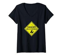 Womens Danger High Voltage T-Shirt warning sign style V-Neck T-Shirt