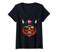 Womens Danish Viking Denmark Helmet Mountain Sunset Reflection V-Neck T-Shirt
