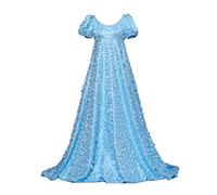 Women's Daphne Basset Dress Regency Dresses Jane Austen Style High Waistline Ruffled Puff Sleeve Long Dress, Blue Lace, 3X-Large