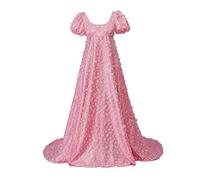Women's Daphne Basset Dress Regency Dresses Jane Austen Style High Waistline Ruffled Puff Sleeve Long Dress, Pink Lace, XL