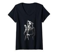 Women's Dapper Wolf Singer Howling Retro Microphone Graphic V-Neck T-Shirt