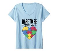 Womens Dare to Be Yourself Puzzle Owl Autism Awareness Month V-Neck T-Shirt
