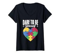 Womens Dare to Be Yourself Puzzle Owl Autism Awareness Month V-Neck T-Shirt