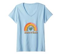 Womens Dare to Care Retro Rainbow Leopard Print Heart Kindness V-Neck T-Shirt