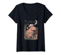 Women's Dark Academia Capybara Relaxing Under a Magical Night Moon V-Neck T-Shirt
