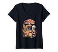Women's Dark Academia Skeleton Gaming Beneath a Woodland Mushroom V-Neck T-Shirt