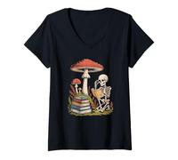 Women's Dark Academia Skeleton Reading A Book By Wild Mushrooms V-Neck T-Shirt