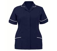 Women's Dark Blue L Zip Up Beauty Tunic Top Lapel V Neck Nurses Uniform
