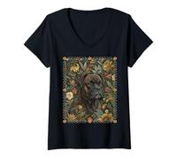 Women's Dark Brindle Boxer Dog in Style of William Morris V-Neck T-Shirt