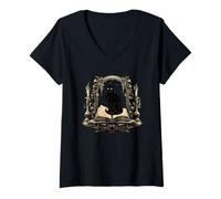 Women's Dark Cat on Grimoire Gothic Arch Design V-Neck T-Shirt