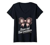 Womens Dark Coquette Gothic Bows and Bad Intentions Feminine V-Neck T-Shirt