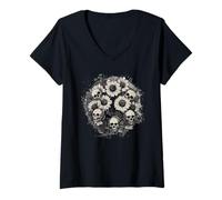 Womens Dark Dead Daisy with Skulls V-Neck T-Shirt