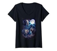 Women's Dark Elephants Under the Full Moon Vintage Fantasy Lightning V-Neck T-Shirt