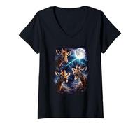 Women's Dark Giraffe Under the Full Moon Vintage Fantasy Lightning V-Neck T-Shirt