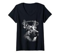Women's Dark Gothic German Shepherd Dog with Barbed Wire Grunge V-Neck T-Shirt