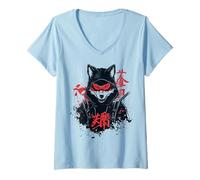 Womens Dark Kitsune Japanese Fox Yokai Aesthetic V-Neck T-Shirt