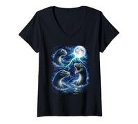 Women's Dark Lochness Monster Under The Moon Fantasy Lightning Art V-Neck T-Shirt