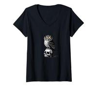 Womens Dark Owl on Skull Gothic Tattoo Style Artwork V-Neck T-Shirt