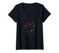 Women's Dark Purple Rose Skull Moon Thorns Graphic V-Neck T-Shirt