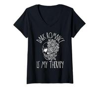 Womens Dark Romance is My Therapy Book Lover Merch Trigger Warning V-Neck T-Shirt