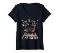 Womens Dark Romance is My Therapy Bookish Merch Trigger Warning V-Neck T-Shirt