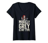 Women's Dark Romance Reader Morally Grey is My Type Skeleton V-Neck T-Shirt
