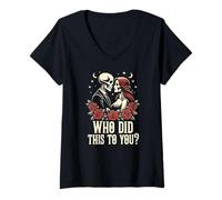 Women's Dark Romance Reader Skeleton Who Did This to You V-Neck T-Shirt