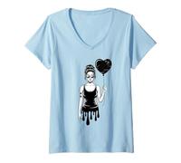 Womens Dark Romantic Girl with Heart Balloon Street Style V-Neck T-Shirt