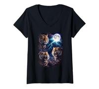 Women's Dark Tigers Under the Full Moon Vintage Fantasy Lightning V-Neck T-Shirt