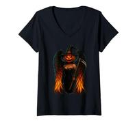 Womens DarkFiery Halloween Angel Wings Gothic Pumpkin Witch Flaming V-Neck T-Shirt