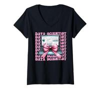 Womens Data Scientist Science Laptop Graph Girl Coquette Bow Pink V-Neck T-Shirt