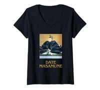 Womens Date Masamune One-Eyed Dragon Samurai Ukiyo-e Portrait V-Neck T-Shirt