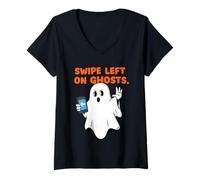 Womens Dating App Swipe Left Meme Halloween Sassy Cartoon Ghost V-Neck T-Shirt