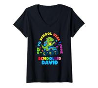 Womens David Schoolchild Personalized Back to School Dino Truck V-Neck T-Shirt