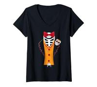 Women's Day of Dead Skeleton Costume Bow Tie Halloween Art V-Neck T-Shirt