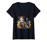 Women's Day of Dead Sugar Skull Cat Marigold Dia de Los Muertos V-Neck T-Shirt