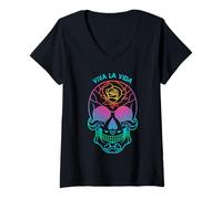 Womens Day of The Dead Colorful Sugar Skull Floral Viva La Vida V-Neck T-Shirt