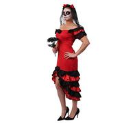 WOMEN'S DAY OF THE DEAD COSTUME - SUGAR SKULL SENORITA HALLOWEEN FANCY DRESS COSTUME - RED & BLACK RUMBA DRESS + BLACK/RED VEIL + BLACK ROSE BOUQUET (XX-LARGE UK 20-22)