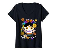 Womens Day of The Dead Mexicans Sugar Skull Girl Women Halloween V-Neck T-Shirt