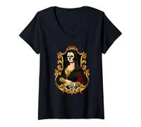 Womens Day of The Dead Mona Lisa Decorated Día de Los Muertos V-Neck T-Shirt