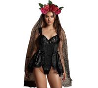 Womens Day of The Dead Senorita Halloween Costume Sleeveless Corset Bodysuit and Veil Flower Headband Set (A-Black, L)