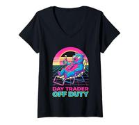 Women's Day Trader Off Duty Synthwave Bear Stock Market Fu V-Neck T-Shirt