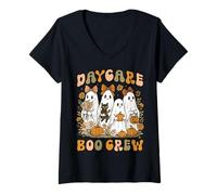 Womens Daycare Boo Crew Halloween Ghost Cute Coquette Bow Kid Women V-Neck T-Shirt