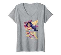 Women's DC Super Hero Girls Wonder Woman V-Neck T-Shirt, Heather Grey, Medium