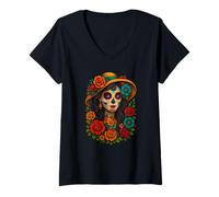 Womens De Los Muertos La Catrina Day of the Dead Sugar Skull Women V-Neck T-Shirt