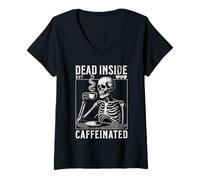 Womens Dead Inside But Caffeinated Dad Skeleton Drink Coffee Funny V-Neck T-Shirt